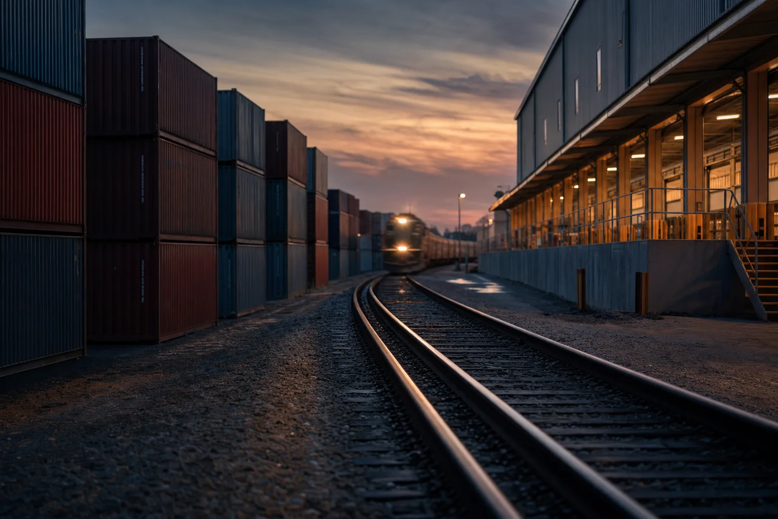 Freight rail siding at dusk with stacked intermodal containers and an oncoming locomotive.